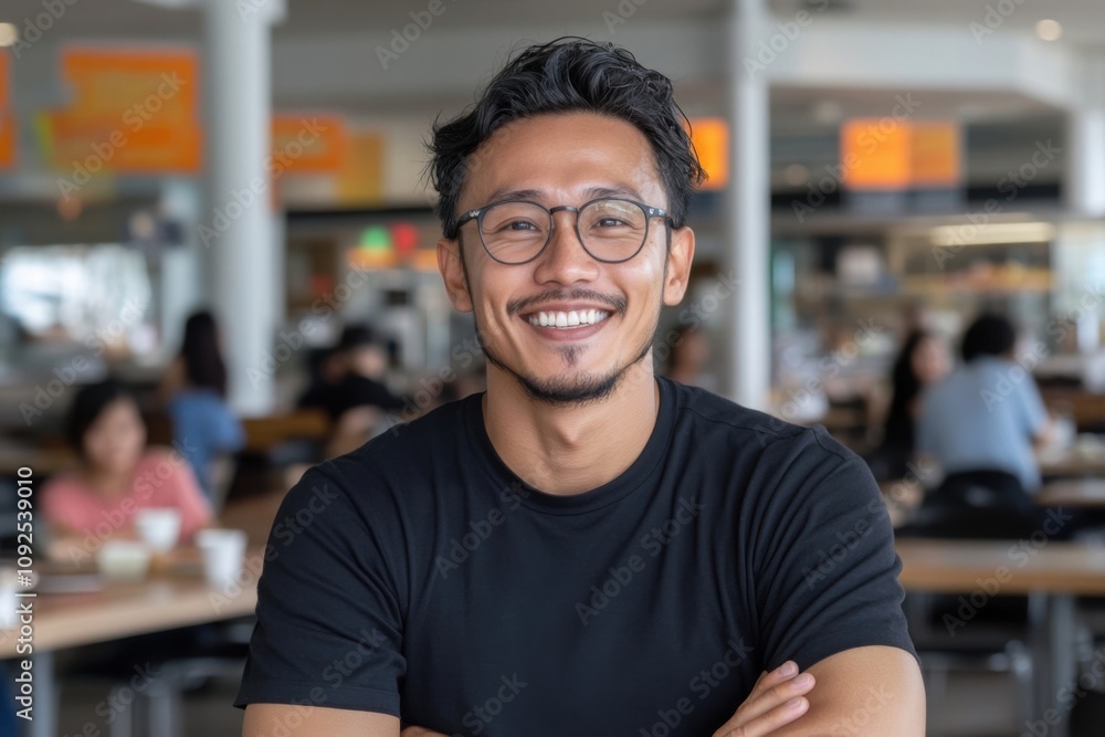 Smiling asian man with folded arms in food court: Smiling asian man with folded arms in food court: