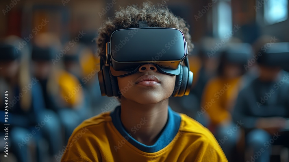 A Focused Young Boy Engaging with Virtual Reality Technology in a Classroom Setting Surrounded by Peers Wearing VR Headsets and Enjoying an Immersive Learning Experience A Focused Young Boy Engaging with Virtual Reality Technology in a Classroom Setting Surrounded by Peers Wearing VR Headsets and Enjoying an Immersive Learning Experience