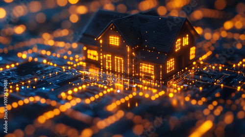 Digital home representing the intersection of technology and architecture in an illuminated network landscape. Generative AI