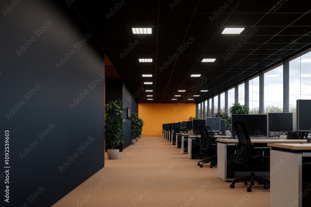 Modern open space office interior with orange wall and beige floor Modern open space office interior with orange wall and beige floor