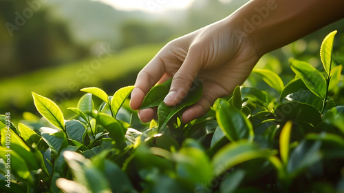 Woman's hand carefully plucking green tea leaves from a bush in a scenic tea field
