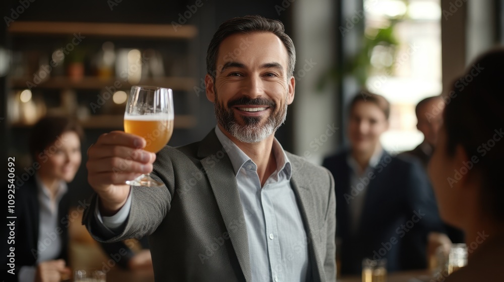 Confident Businessman Toasting with Beer at Networking Event Confident Businessman Toasting with Beer at Networking Event