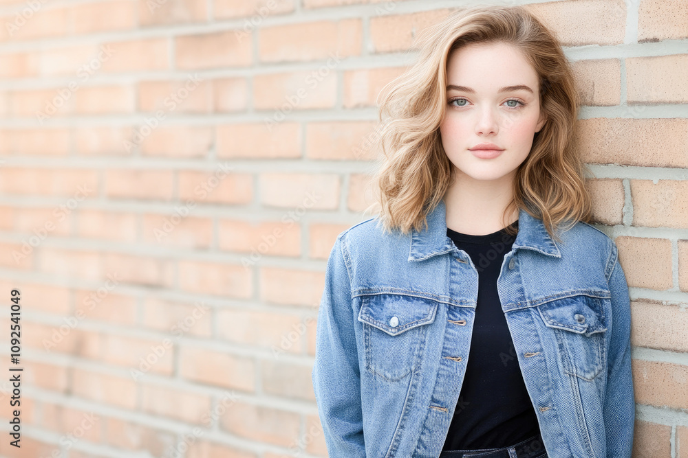 Young woman in a denim jacket standing against a brick wall, symbolizing casual fashion and timeless style. Young woman in a denim jacket standing against a brick wall, symbolizing casual fashion and timeless style.