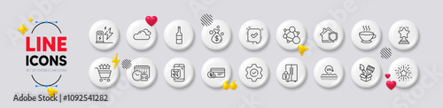 Refrigerator, Home insurance and Wine line icons. White buttons 3d icons. Pack of Confirmed, Money bag, Flight mode icon. Winner, Execute, Puzzle time pictogram. Vector