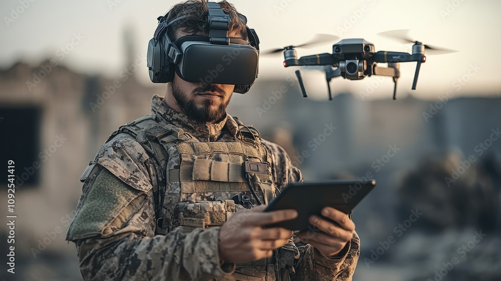 Fototapeta premium A soldier operates a drone using a tablet and virtual reality headset, showcasing advanced military technology, precision surveillance, and modern defense strategies