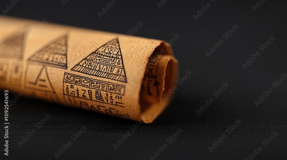 Fototapeta premium Ancient scroll with inscriptions, rolled and displayed on a dark background.