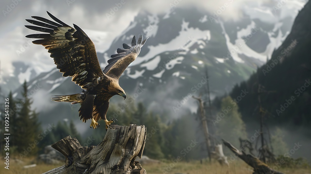 Fototapeta premium A golden eagle coming in to land on a tree stump