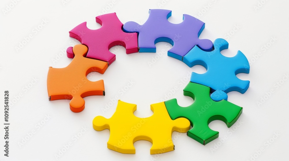 Fototapeta premium A group of colorful puzzle pieces interlocking seamlessly, each piece representing a different shape