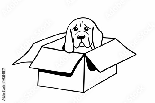 a sad Dog abandoned in a cardboard box, white background, 