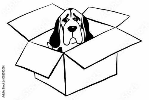 a sad Dog abandoned in a cardboard box, white background, 