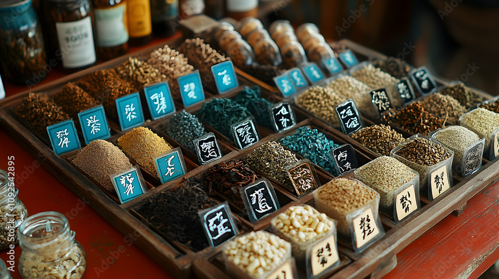 A Wooden Tray Displays an Array of Dried Herbs and Spices, Carefully Labeled in Asian Script, Showcasing a Vibrant Collection of Natural Ingredients. A Wooden Tray Displays an Array of Dried Herbs and Spices, Carefully Labeled in Asian Script, Showcasing a Vibrant Collection of Natural Ingredients.