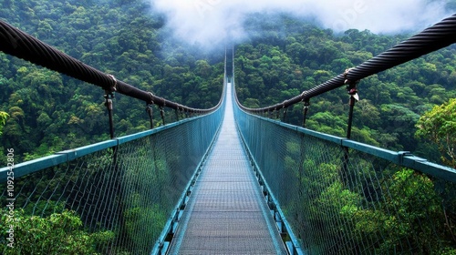 A suspension bridge stretches over lush, green forested mountains.