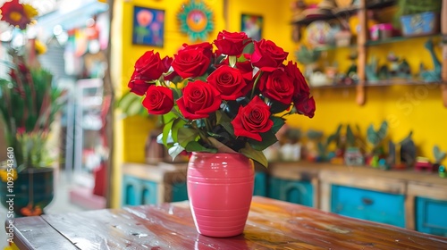 A pink vase filled with vibrant red roses placed on a wooden table in a lively yellow themed gift shop filled with colorful decorations and handcrafted items photo