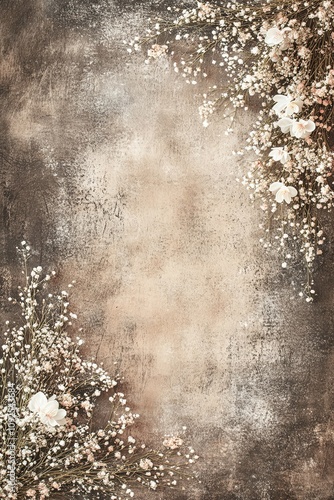 Beige textured background decorated with delicate white flowers forming a frame.