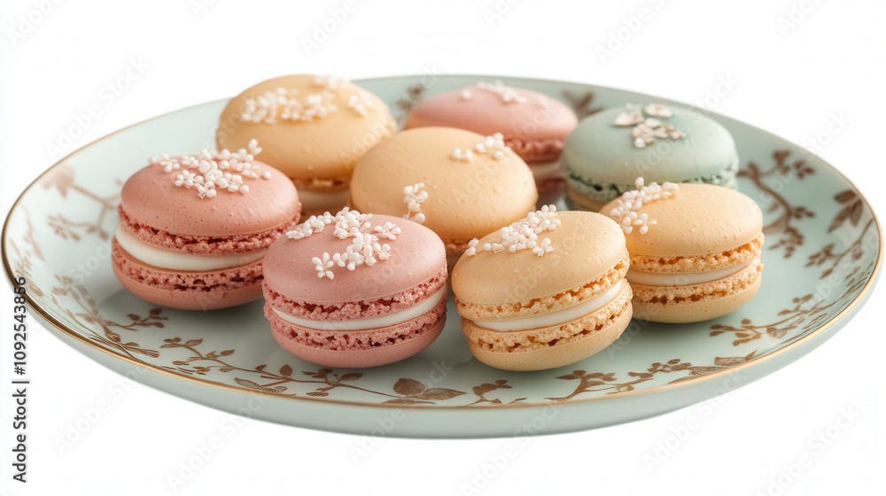 Fototapeta premium A plate of colorful French macarons in pastel shades with delicate floral decorations