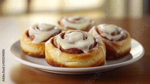 A plate of warm cinnamon rolls with cream cheese frosting oozing over the edges photo