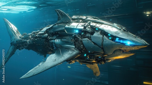 Wallpaper Mural A futuristic robotic shark gliding through a submerged environment with glowing accents. Torontodigital.ca