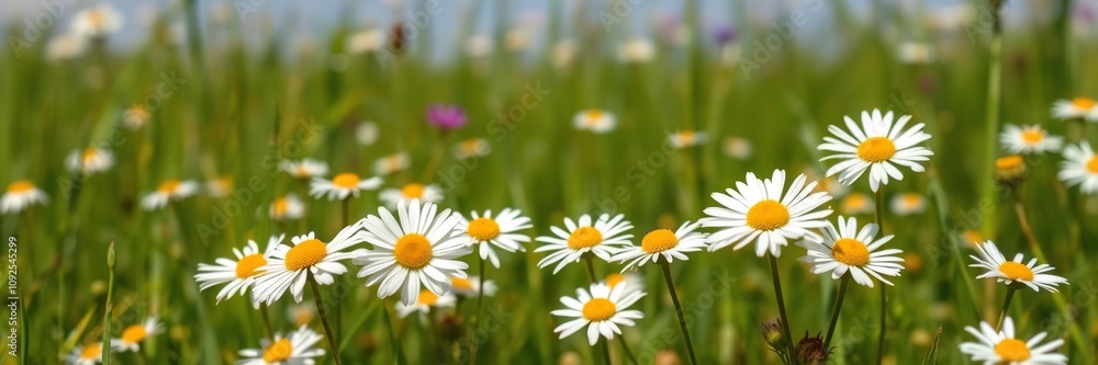 Fototapeta premium *Chamomile flowers in a lush meadow on a sunny summer day, sunshine, floral