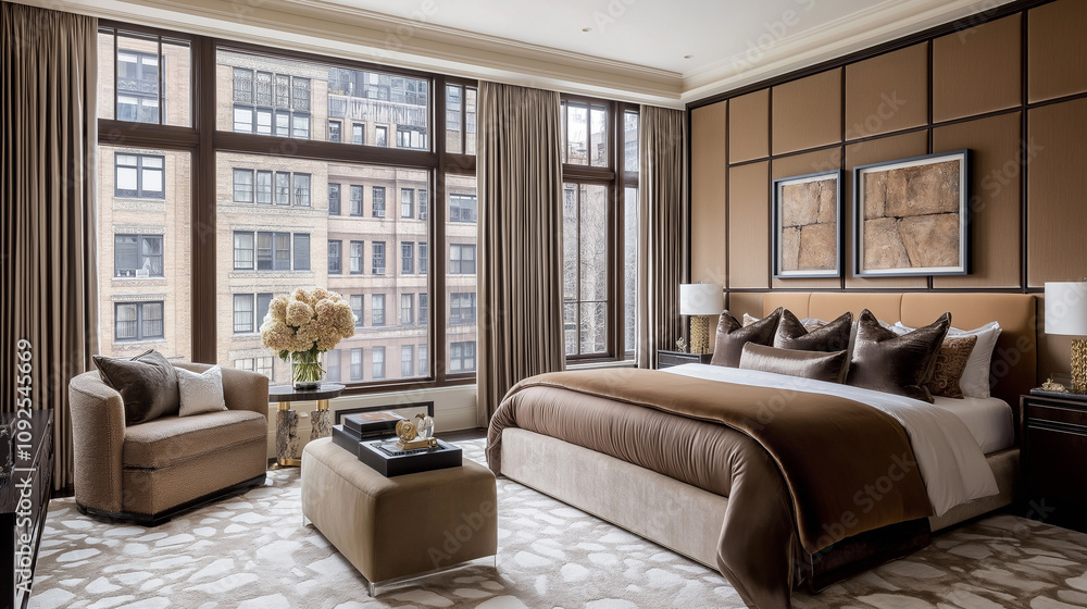 Fototapeta premium Luxurious bedroom with large windows showcasing city views and elegant decor in a modern design