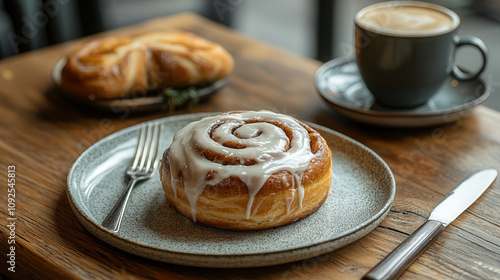 A single cinnamon roll with cream cheese icing on a ceramic plate, with a fork and knife nearby. photo