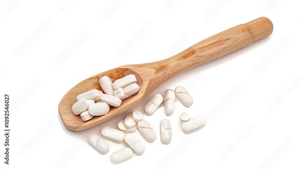 Pills on a Wooden Spoon - a minimalistic and natural presentation. The pills placed on a wooden spoon against a white background create a clean and balanced composition. Pills on a Wooden Spoon - a minimalistic and natural presentation. The pills placed on a wooden spoon against a white background create a clean and balanced composition.