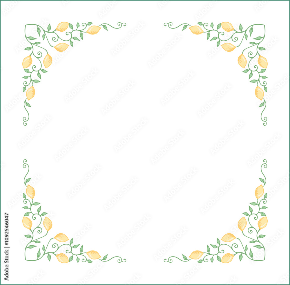 Elegant green vegetal ornamental frame with leaves and yellow lemons, decorative border, corners for greeting cards. Isolated vector illustration
Elegant green vegetal ornamental frame with leaves and yellow lemons, decorative border, corners for greeting cards. Isolated vector illustration