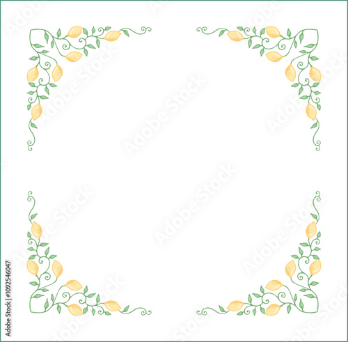 Elegant green vegetal ornamental frame with leaves and yellow lemons, decorative border, corners for greeting cards. Isolated vector illustration	
