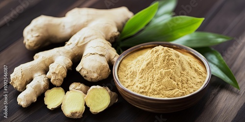 Fresh ginger root and powder with green leaves on wooden background.