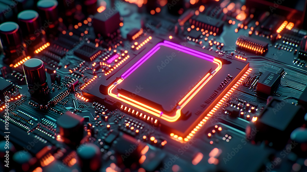 Glowing 3D Render of a Circuit Board's Central Processing Unit with Neon Accents Glowing 3D Render of a Circuit Board's Central Processing Unit with Neon Accents
