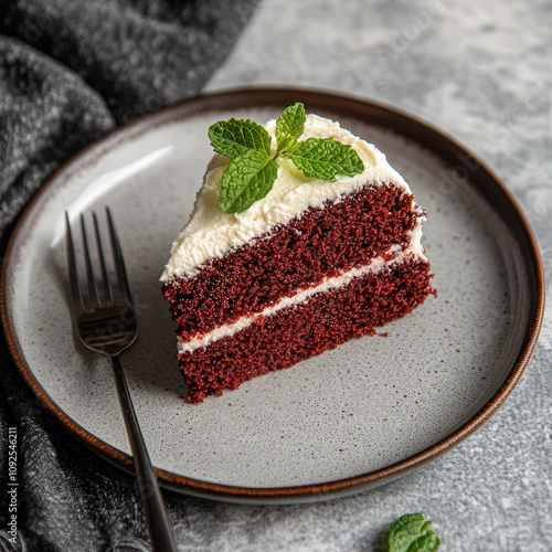 A slice of red velvet cake on a porcelain plate, garnished with a dollop of cream cheese frosting and a sprig of mint photo