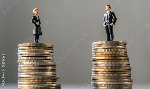 Miniature figures of a businesswoman and businessman standing on stacks of coins, with the man's stack taller, symbolizing the gender pay gap.