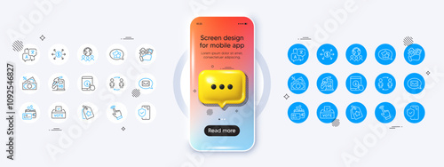 Phone mockup with 3d chat icon. Messenger, Vote box and Global business line icons. Pack of Cursor, Petrol station, Translate icon. Dollar exchange, Scroll down, Phone insurance pictogram. Vector