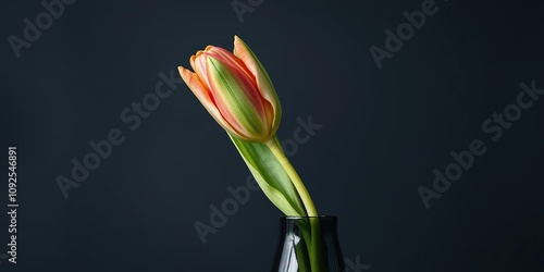 Close-up of a solitary tulip in a black glass vase against a dark grey backdrop, botanical photography, elegant, low key photo