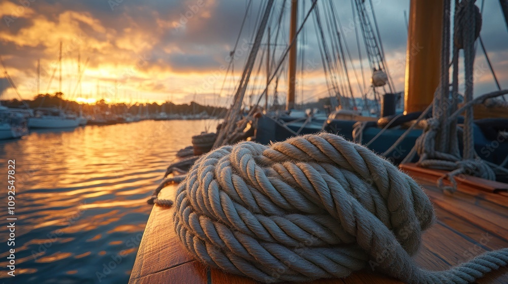 Obraz premium Rope on a boat with sunset reflection.