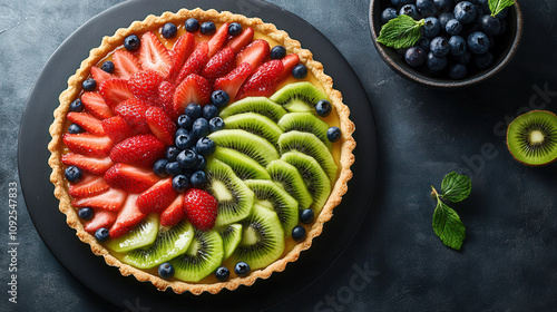 A vibrant fruit tart with a glossy glaze, featuring layers of colorful fresh fruits like kiwi, strawberries, and blueberries photo