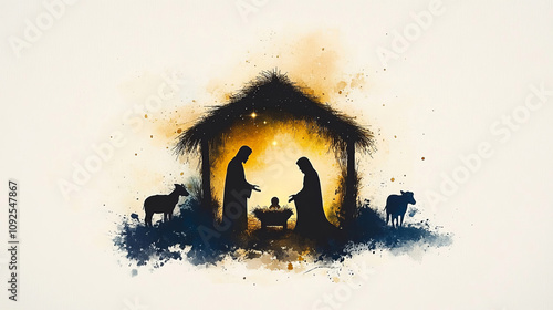 Abstract watercolor painting of the Nativity scene, silhouettes of Mary and Joseph in front of an open manger with baby Jesus inside, surrounded by animals. 