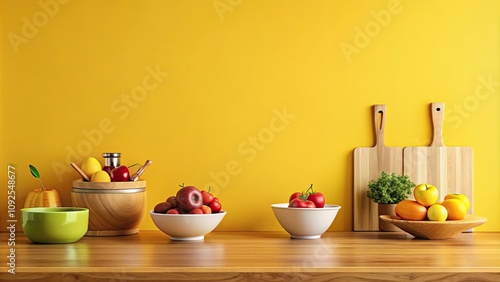 Kitchen counter decorated with accessories like fruit bowl, cutting board photo