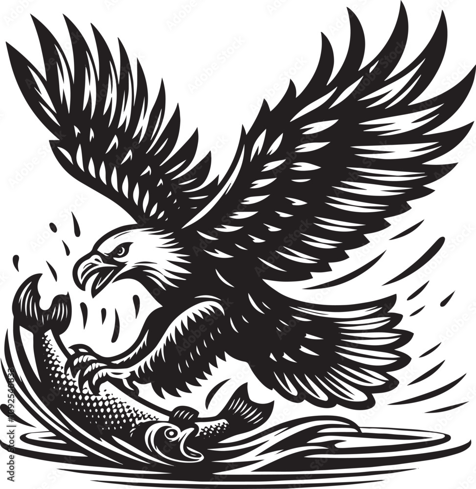 Fototapeta premium Eagle catch fish icon logo vector, Silhouette design with white background
