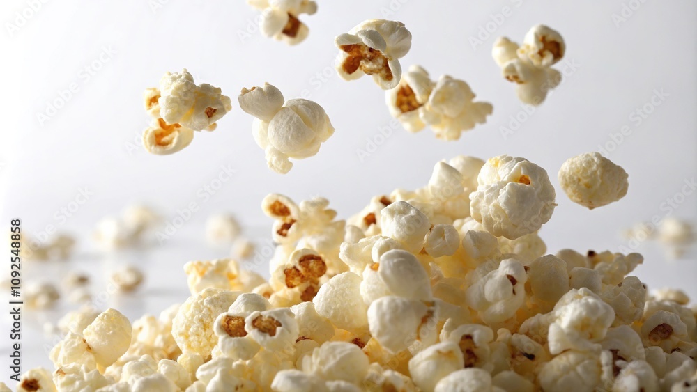 Popped kernels suspended in mid-air, light airy feel, curled edges, soft focus photography Popped kernels suspended in mid-air, light airy feel, curled edges, soft focus photography