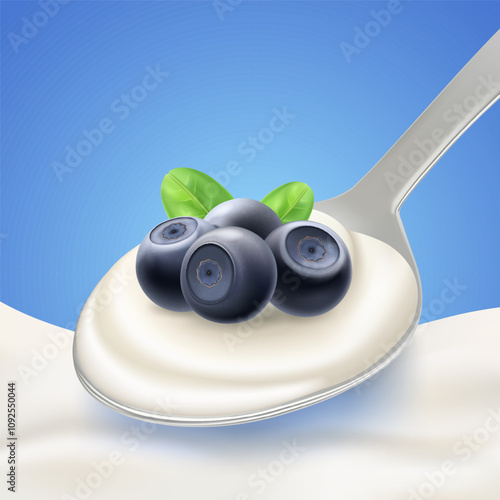 Wild blueberry berry with splash and flow of milk or yogurt in spoon, waves and streams on blue background. Vector for packaging design, drinks and food.