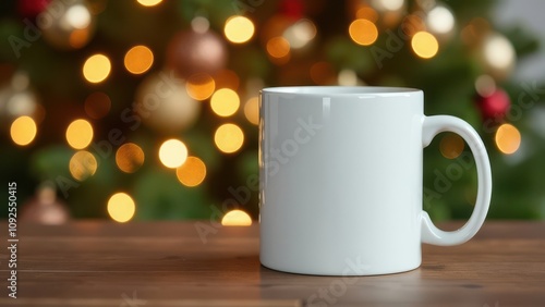 White Mug Mockup With Christmas Background