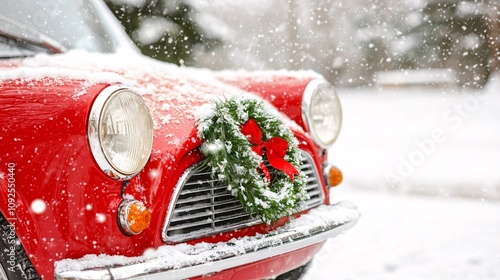 Christmas gift prepare delivery concept. A festive red car adorned with a wreath, set against a snowy backdrop, capturing the spirit of Christmas.