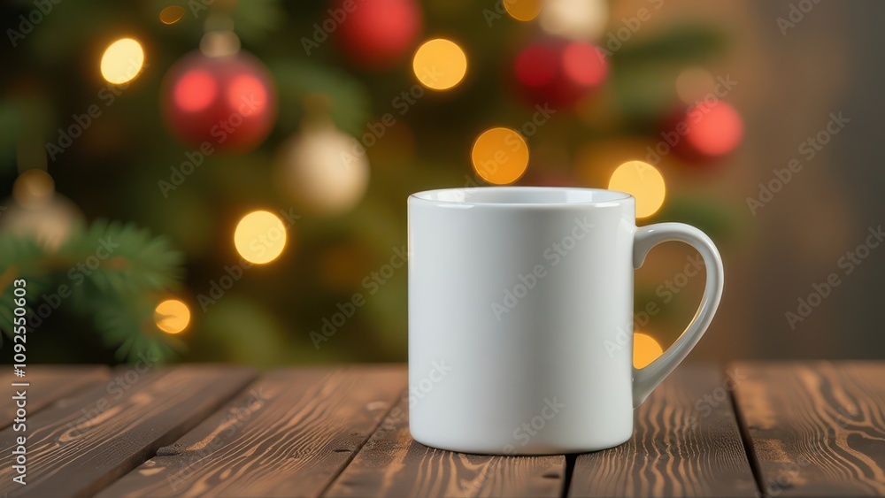 White Mug Mockup With Christmas Background White Mug Mockup With Christmas Background