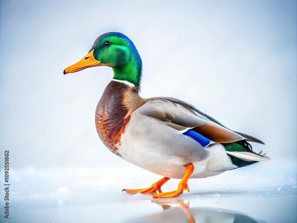 Fototapeta premium Stunning Drone Photography of a Duck on a White Background â€“ Captivating Wildlife Imagery for Nature Lovers, Aerial Views, and Stunning Stock Photos