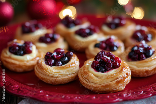 Mini cranberry and brie puff pastry bites arranged on a festive red platter photo