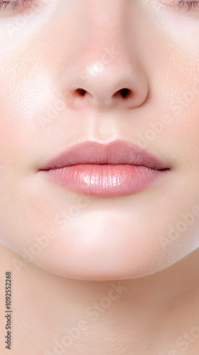 Closeup young woman face front view. Plastic surgery nose rhinoplasty