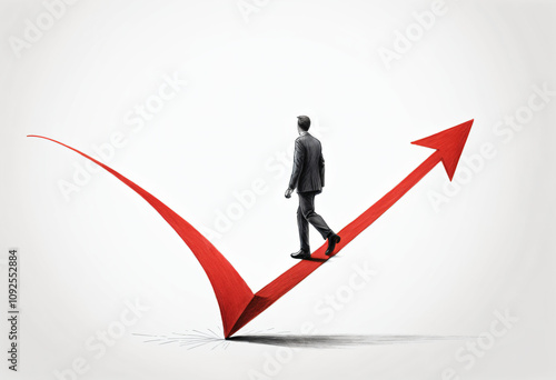 simple pencil drawing, Businessman walking on a large red arrow pointing upward, against a white background. Concept of growth, success, and career progression