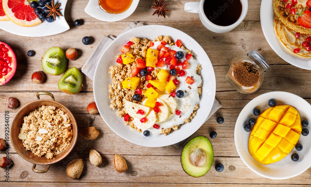 bowl of cereal with fruit and yogurt