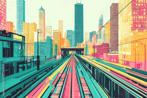 Colorful skyline & train tracks