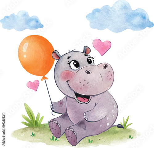 Hippo  illustration carrying balloon and heart. Cartoon hippo pro Vector